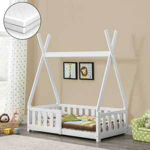 Barnsäng Juniorsäng Tipitält med sängskydd, inkl. madrass-146x76x165cm-furu-matt vit