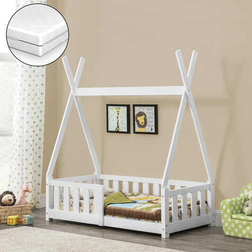 Barnsäng Juniorsäng Tipitält med sängskydd, inkl. madrass-146x76x165cm-furu-matt vit