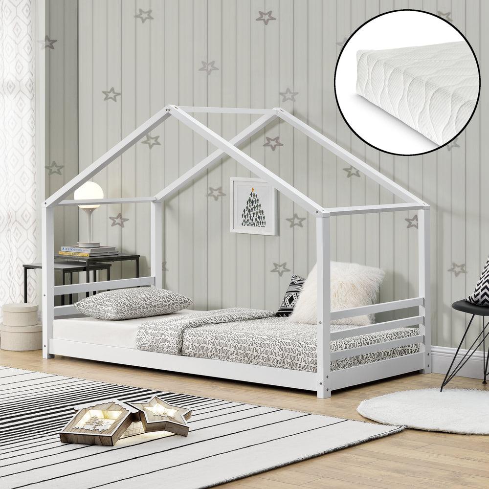 Juniorsäng Hussäng inkl. allergivänlig madrass 200x140 furu matt vit [en.casa]