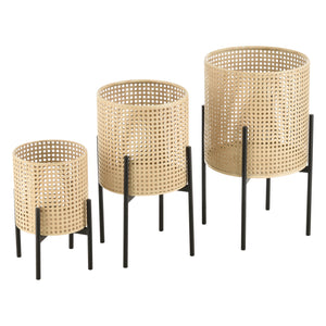 Piedestal Walhain set om 3 med 3 krukor metall svart sandfärg rund [en.casa]