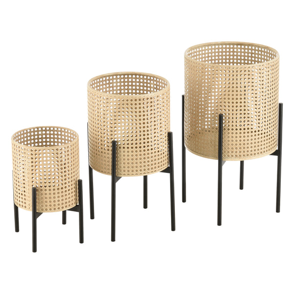 Piedestal Walhain set om 3 med 3 krukor metall svart sandfärg rund [en.casa]