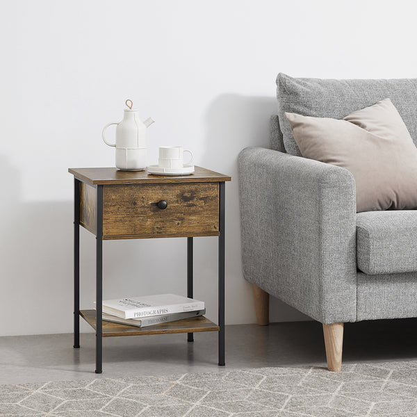 Sängbord Fagersta med låda metall svart mörkt trämönster [en.casa]
