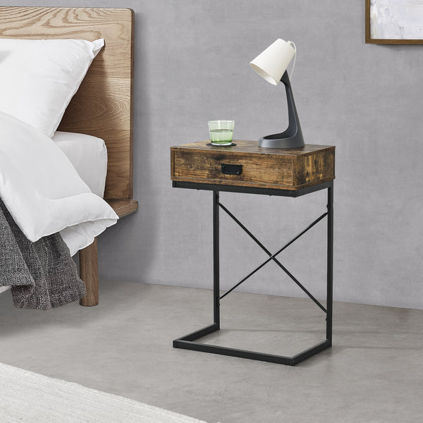 Sängbord Marstrand sidobord 67x45x35cm stål svart mörkt trämönster [en.casa]