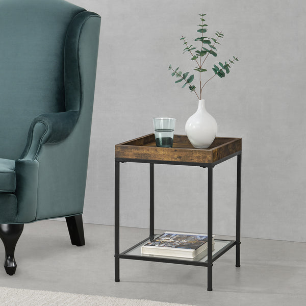 Sidobord Mariefred stål glas svart mörkt trämönster transparent [en.casa]