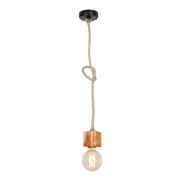 Pendellampa Corby E27 metall massivt trä juterep svart / träutseende / jutefärger [lux.pro]