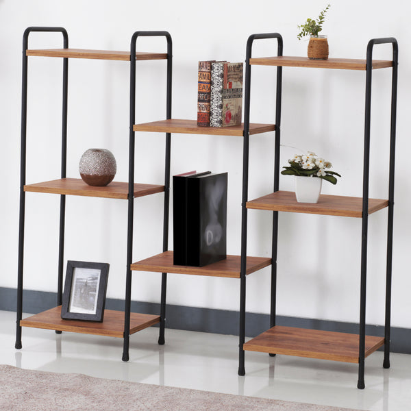Fristående hylla Birkerød med 8 hyllplan 100 x 110 x 30 cm Svart / Valnöt-look [en.casa]