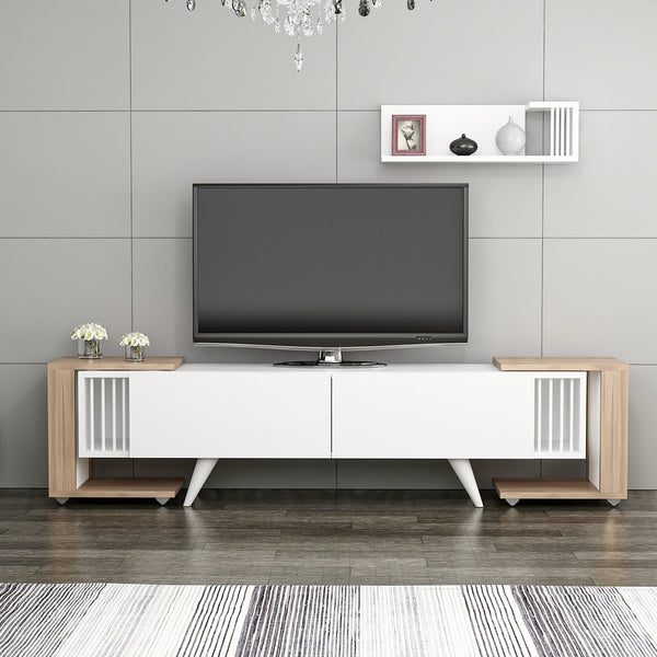 TV-bord med hylla och 2 sidobord Glostrup eklook / vit [en.casa]