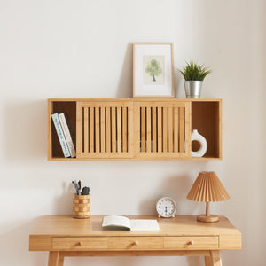 Grums vägghylla med två skjutdörrar 925x20x33cm bambu [en.casa]