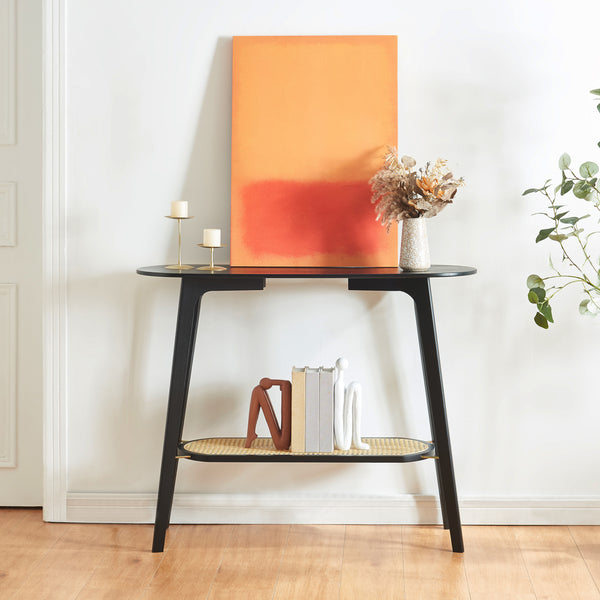 Konsolbord Taivalkoski 100x35x80 cm Svart/Rattanutseende [en.casa]