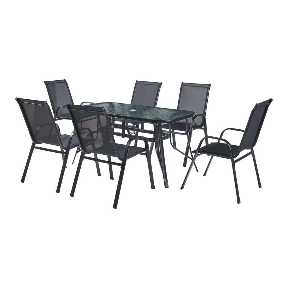 Matgrupp Aradeo bord och 6 stolar stål härdat glas svart [casa.pro] 