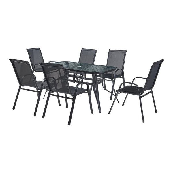Matgrupp Aradeo bord och 6 stolar stål härdat glas svart [casa.pro] 