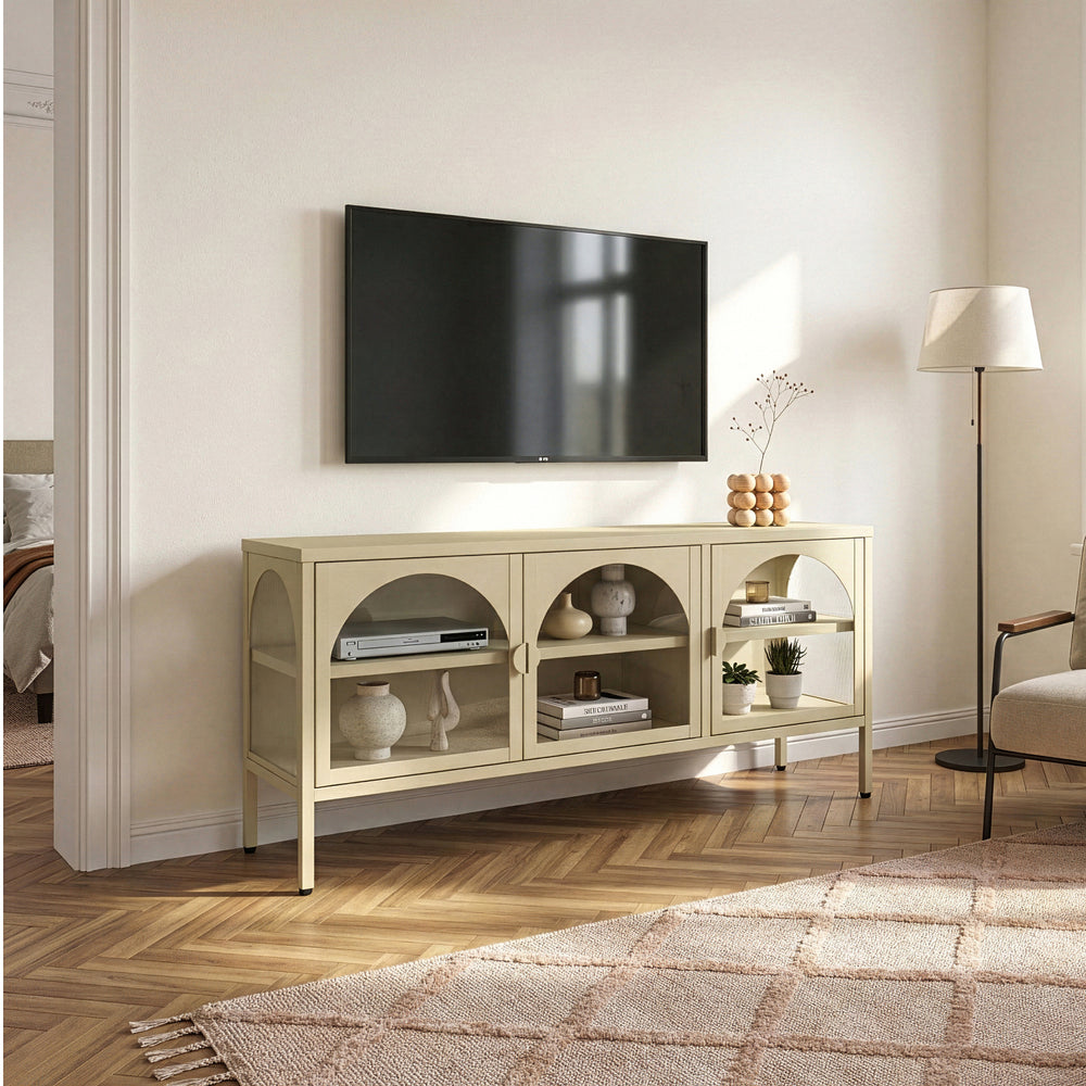 Vitrinskåp-Sideboard Klippestad Stål 118x35x55 cm Kamelfärgad [en.casa]