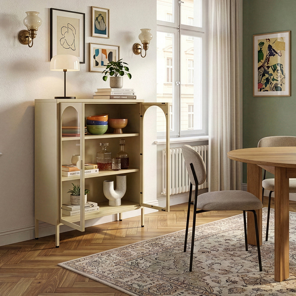 Vitrinskåp-Sideboard Klippestad Stål 95x80x35 cm Kamelfärgad [en.casa]