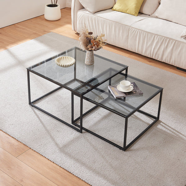 Soffbord 2-delat set Tromlaslo rökt glas, grått [en.casa]