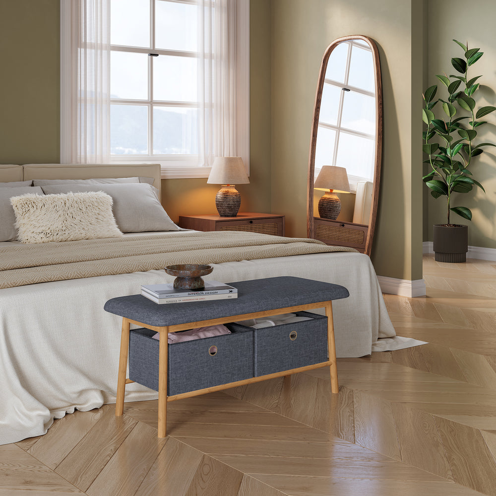 Sittbänk Vad med 2 förvaringslådor 90x30x45 cm Natur/Grå [en.casa]