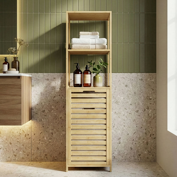 Badrumshylla med tvättkorg Anun 130x36x33 cm bambu träfärgad [en.casa]