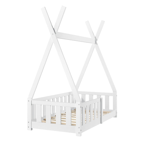 Juniorsäng tipisäng Helsingborg med sängskydd 148x76x165cm furu matt vit [en.casa]