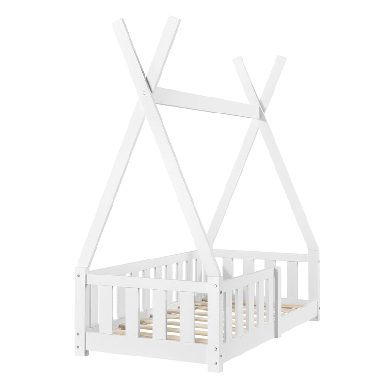 Måttskiss Juniorsäng tipisäng Helsingborg med sängskydd 148x76x165cm furu matt vit [en.casa]