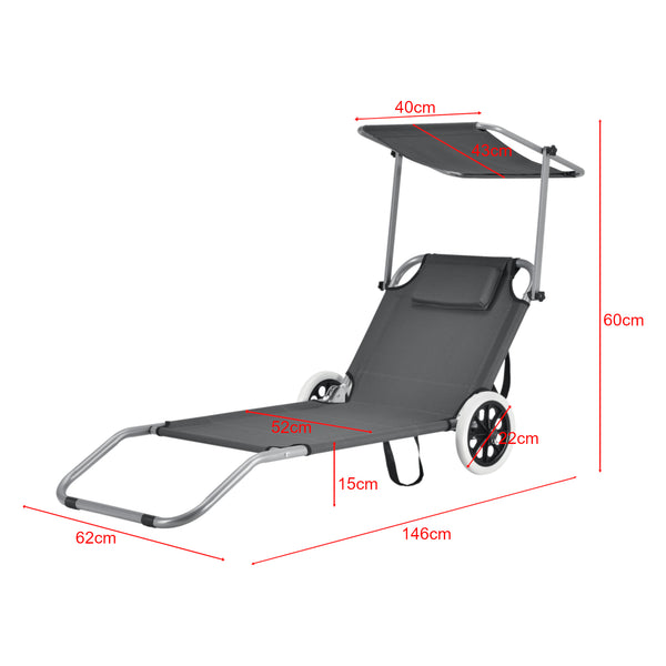 Solsäng med tak och hjul set om 2 mörkgrå 4 lägen [casa.pro]