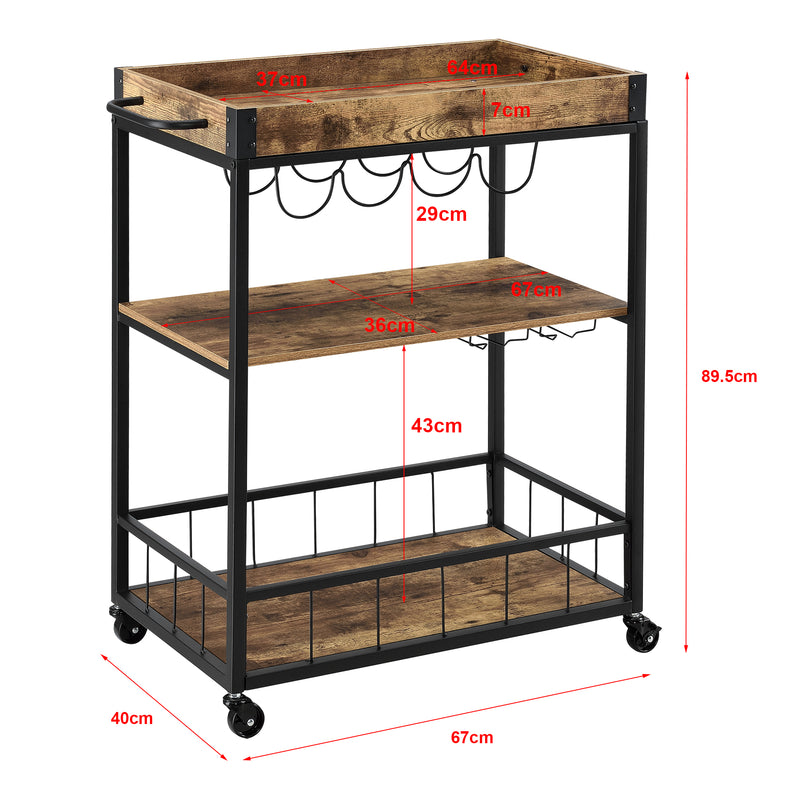 Måttskiss Rullvagn Thalwil serveringsvagn 89,5x67x40cm metall trämönster svart [en.casa]