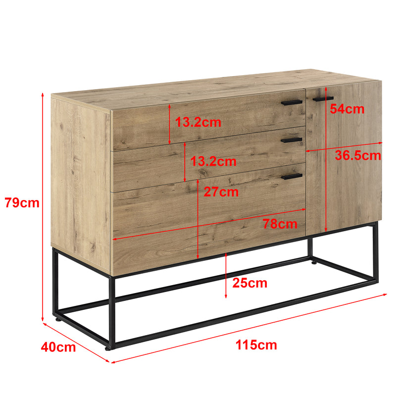 Måttskiss Sideboard Hylte sidobord metall svart ekfärg 3 lådor [en.casa]