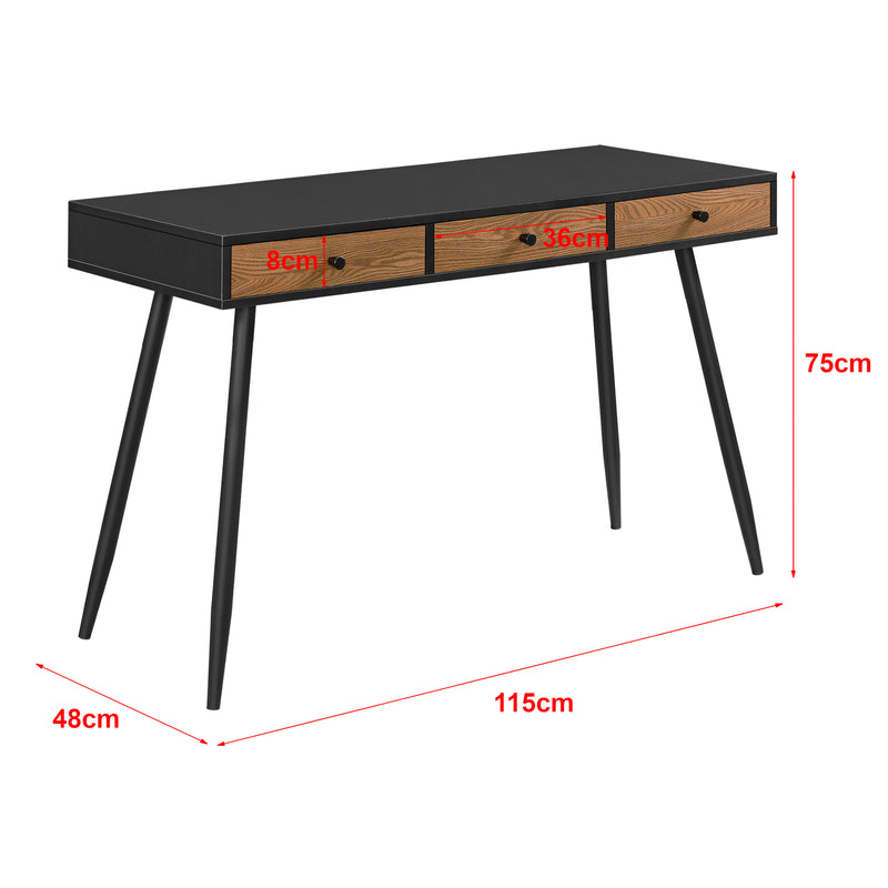 Måttskiss Skrivbord Tumba med 3 lådor metall spånskiva svart mörkt trämönster [en.casa]