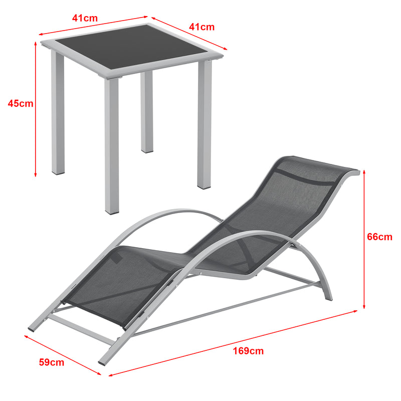 Måttskiss Solsängar set om 2 inkl. bord Binetto stål 169x59x66 cm [en.casa]