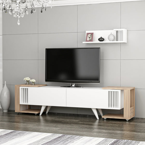 TV-bord med hylla och 2 sidobord Glostrup eklook / vit [en.casa]