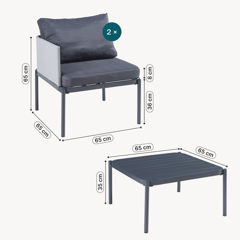 Måttskiss Trädgårdsset Accettura av bord och 2 stolar grå [casa.pro] 