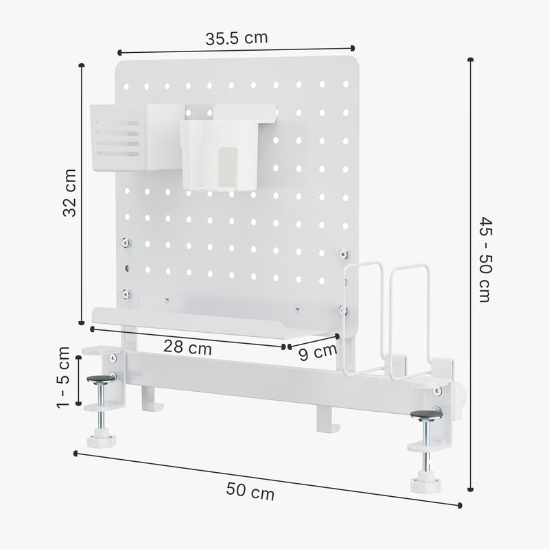 Måttskiss Skrivbordsorganisatör Sauda för klämning 50x50 cm stål vit [en.casa]