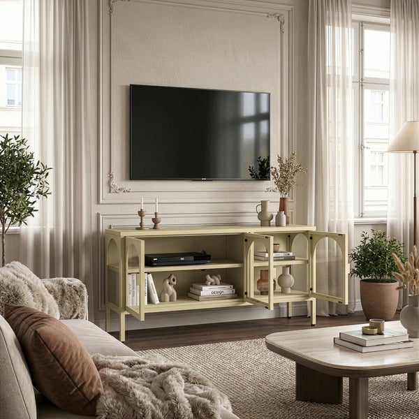 Vitrinskåp-Sideboard Klippestad Stål 118x35x55 cm Kamelfärgad [en.casa]