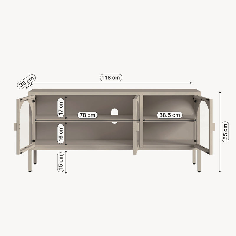 Måttskiss Vitrinskåp-Sideboard Klippestad Stål 118x35x55 cm Kamelfärgad [en.casa]