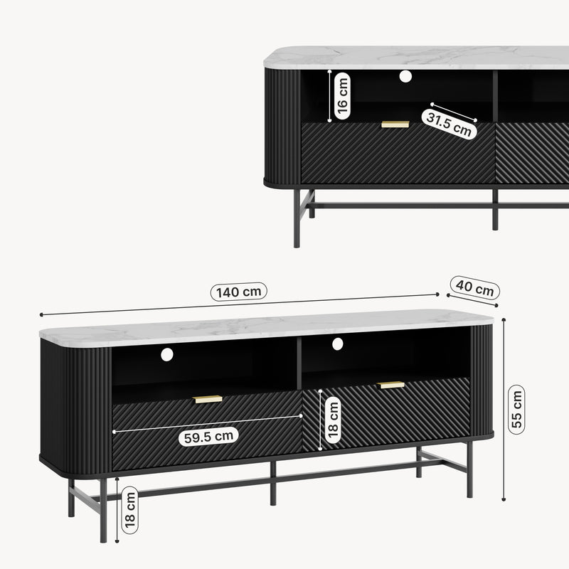 Måttskiss TV-lågt bord Olvehok 140x40x55 cm Svart/Marmorutseende, vit [en.casa]