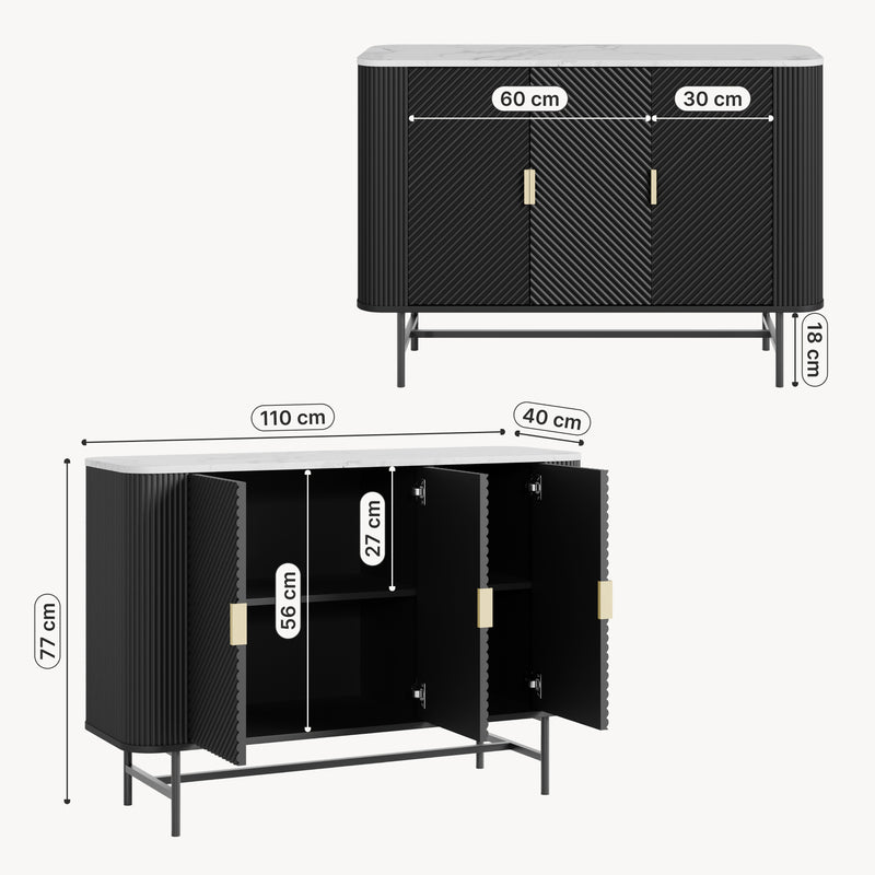 Måttskiss Sideboard Olvehok 110x40x77 cm Svart/Marmorutseende, vit [en.casa]