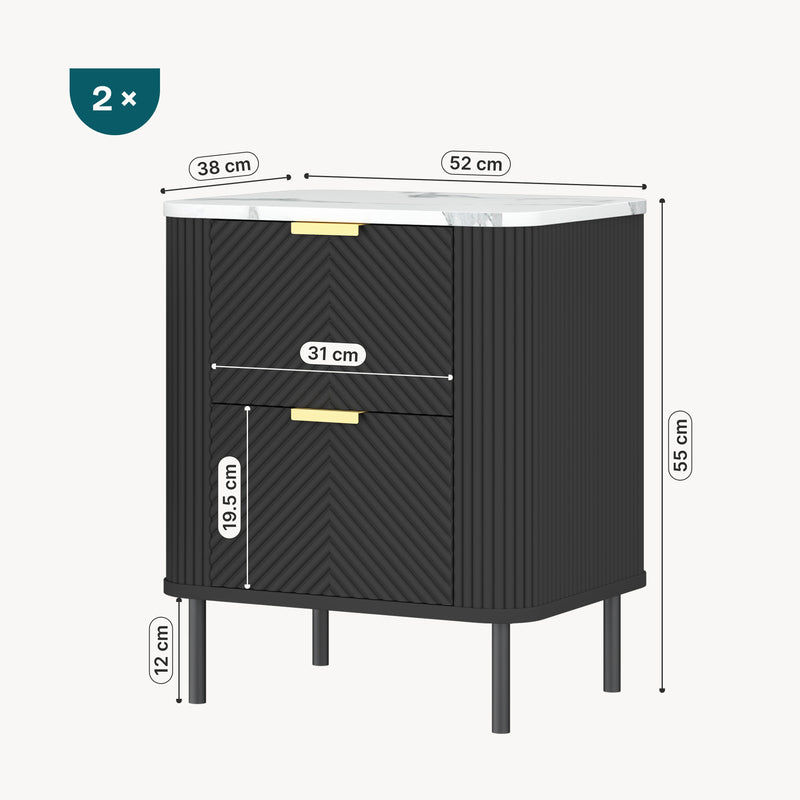Måttskiss Nattduksbord Olvehok 2-pack 55x52x38 cm Svart/Marmorutseende, vit [en.casa]
