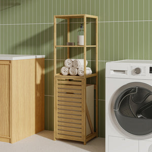 Badrumshylla med tvättkorg Anun 130x36x33 cm bambu träfärgad [en.casa]