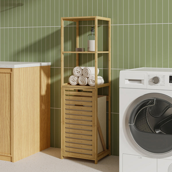 Badrumshylla med tvättkorg Anun 130x36x33 cm bambu träfärgad [en.casa]