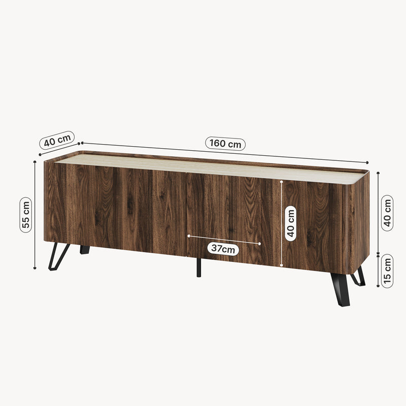 Måttskiss TV-bänk Trorlon 160x40x55 cm Valnötslook/Travertin [en.casa]