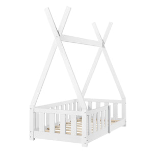 Barnsäng Juniorsäng Tipitält med sängskydd, inkl. madrass-146x76x165cm-furu-matt vit