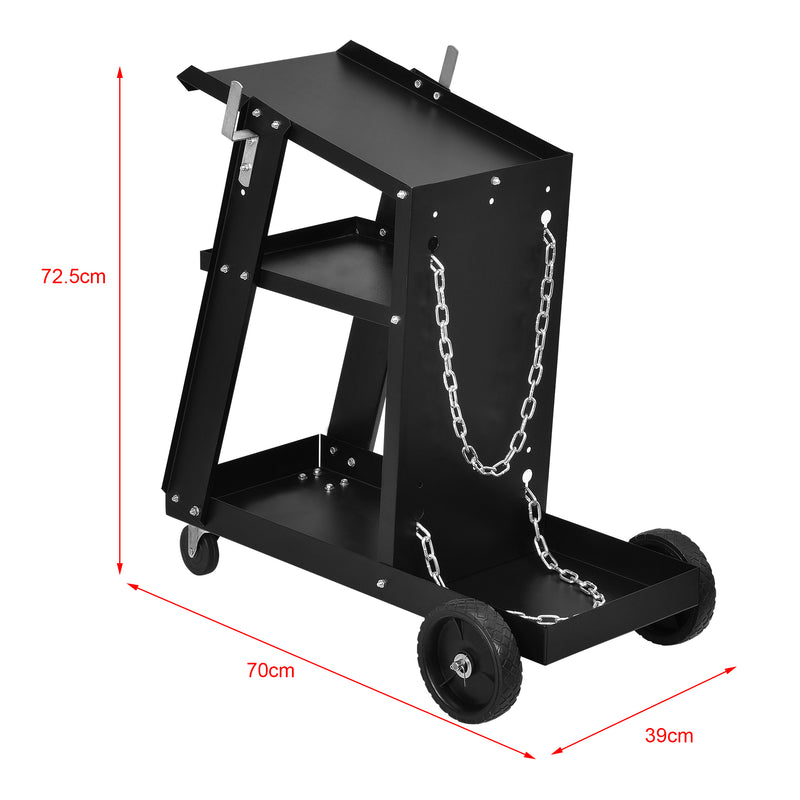 Måttskiss Svetsvagn i stål 70,4x39x72,5cm svart 3 stora förvaringsytor och hållare för gasflaska [pro.tec]
