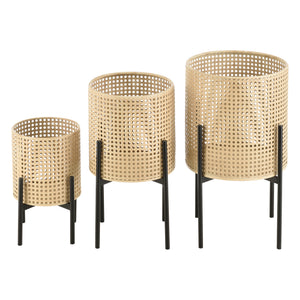 Piedestal Walhain set om 3 med 3 krukor metall svart sandfärg rund [en.casa]