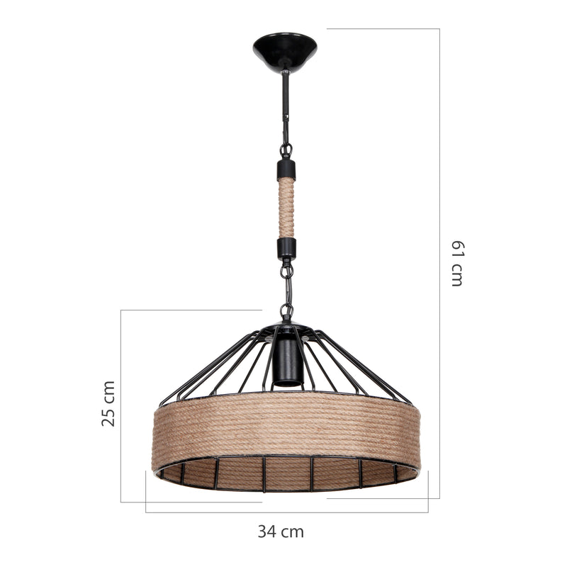 Måttskiss Bridgford taklampa E27 metall juterep svart / jutefärgad [lux.pro] 