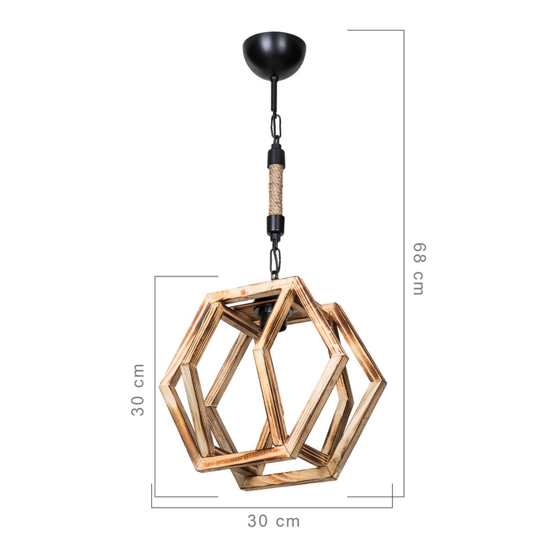 Måttskiss Taklampa Cheltenham E27 Metall Massivträ Jutesnöre Svart / Träutseende / Jutefärg [lux.pro]