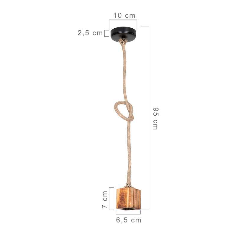 Måttskiss Pendellampa Corby E27 metall massivt trä juterep svart / träutseende / jutefärger [lux.pro]