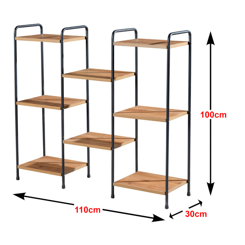 Måttskiss Fristående hylla Birkerød med 8 hyllplan 100 x 110 x 30 cm Svart / Valnöt-look [en.casa]