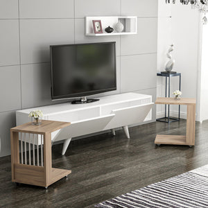 TV-bord med hylla och 2 sidobord Glostrup eklook / vit [en.casa]
