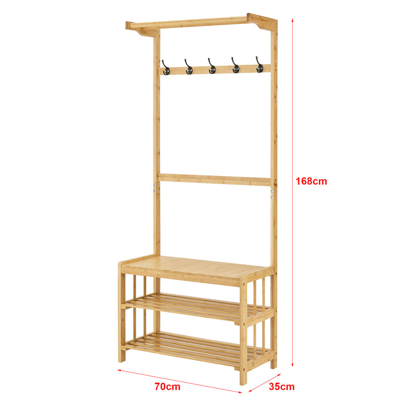 Måttskiss Klädhängare med bänk Tornio klädstativ 168x70x35 cm bambu [en.casa]