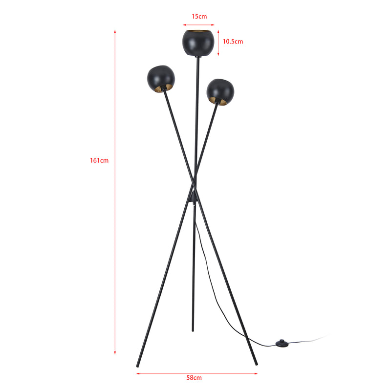 Måttskiss Golvlampa Nykvarn 3-ljus metall svart [lux.pro]
