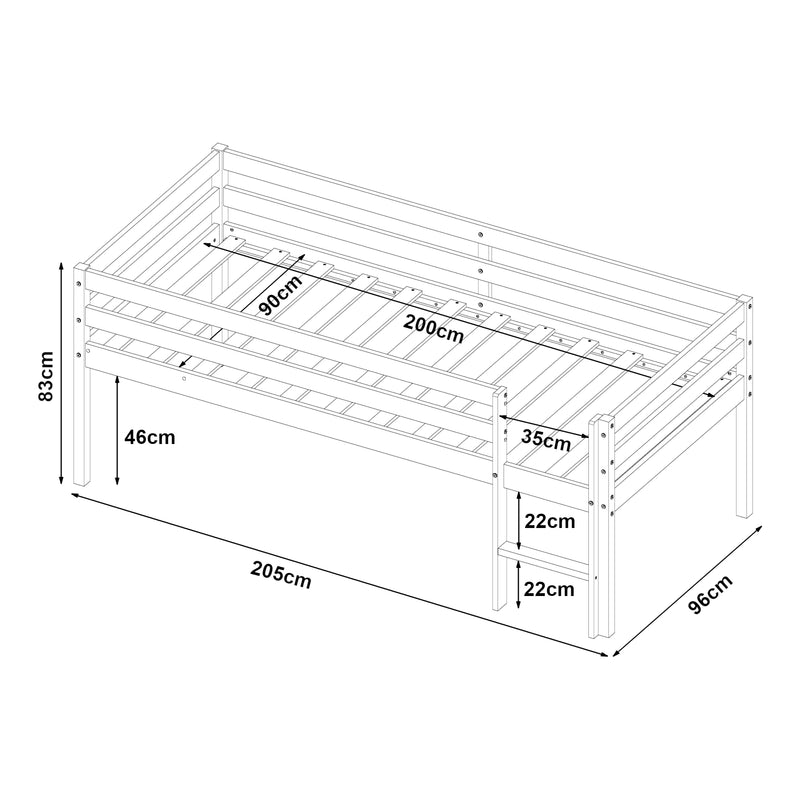 Måttskiss Barnsäng Siikalatva 90x200cm Furu Vitt [en.casa]