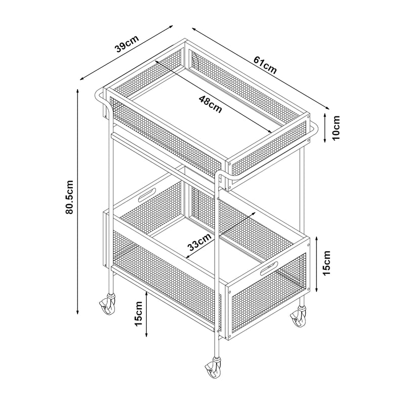 Måttskiss Rullvagn Tervola 80,5x61x39 cm metall bambu [en.casa] 